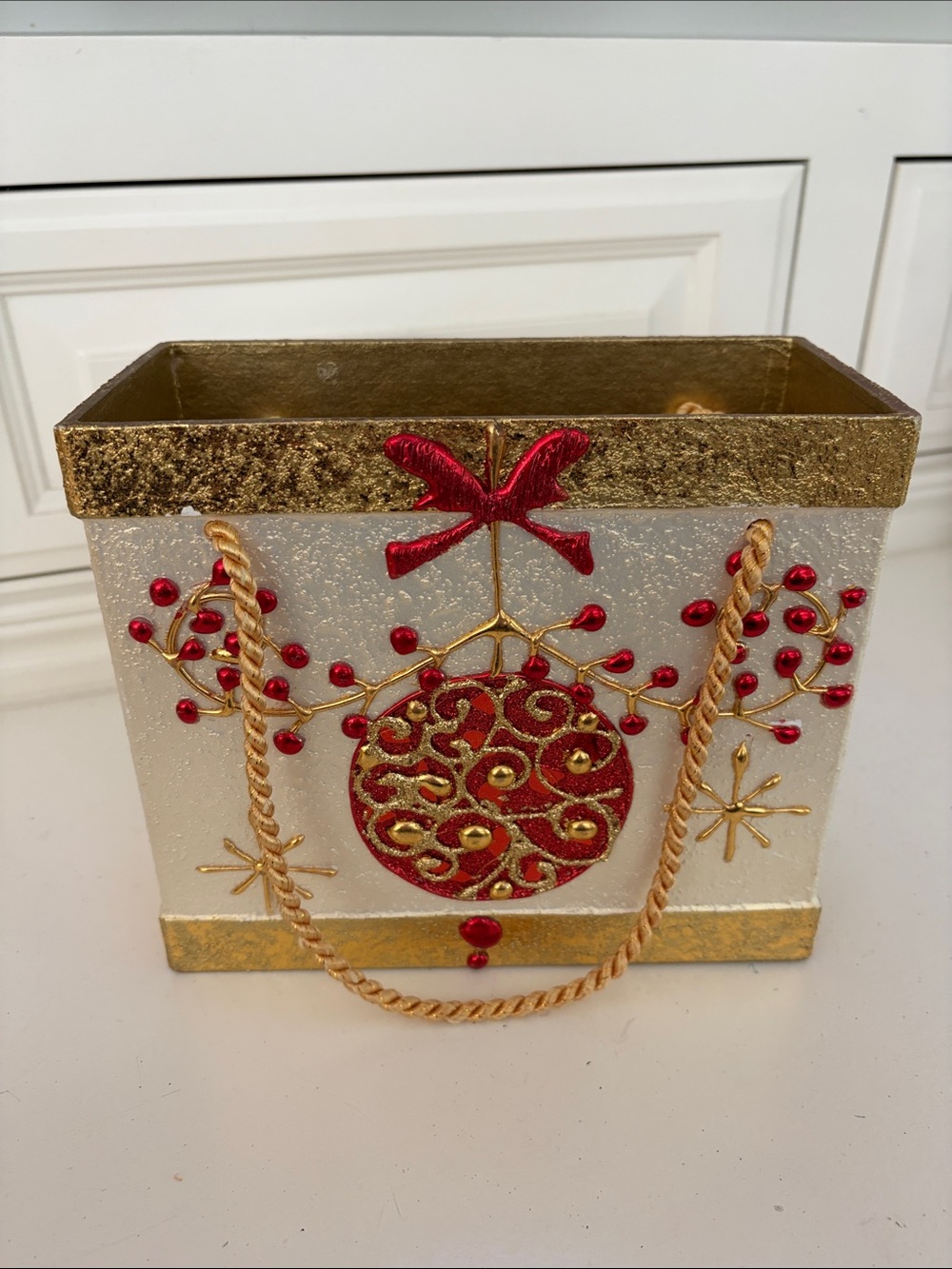 Holiday Gold & Red Decorative card holder looks like gift bag